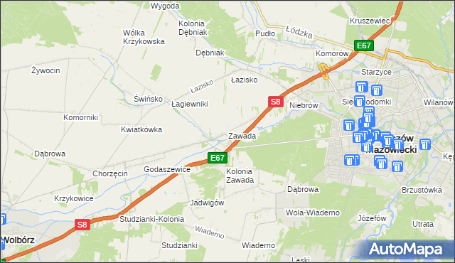 mapa Zawada gmina Tomaszów Mazowiecki, Zawada gmina Tomaszów Mazowiecki na mapie Targeo