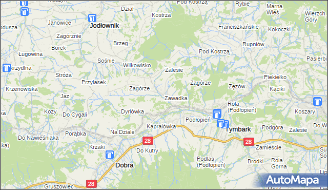 mapa Zawadka gmina Tymbark, Zawadka gmina Tymbark na mapie Targeo