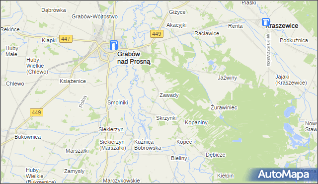 mapa Zawady gmina Grabów nad Prosną, Zawady gmina Grabów nad Prosną na mapie Targeo