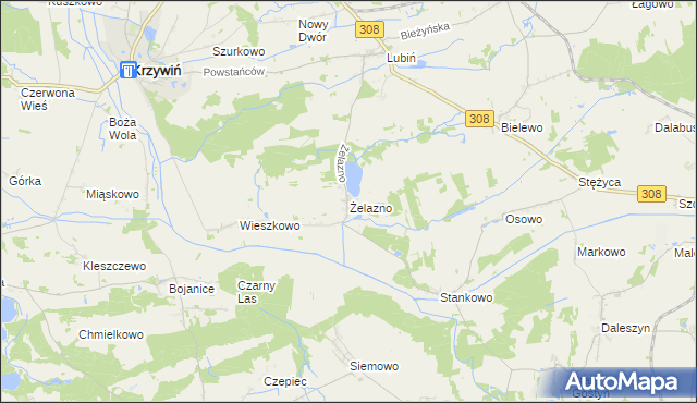 mapa Żelazno gmina Krzywiń, Żelazno gmina Krzywiń na mapie Targeo