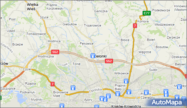 mapa Zielonki powiat krakowski, Zielonki powiat krakowski na mapie Targeo