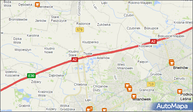 mapa Adamów gmina Grodzisk Mazowiecki, Adamów gmina Grodzisk Mazowiecki na mapie Targeo