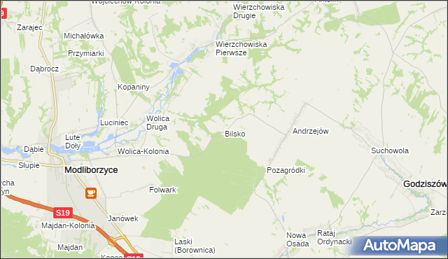 mapa Bilsko gmina Modliborzyce, Bilsko gmina Modliborzyce na mapie Targeo