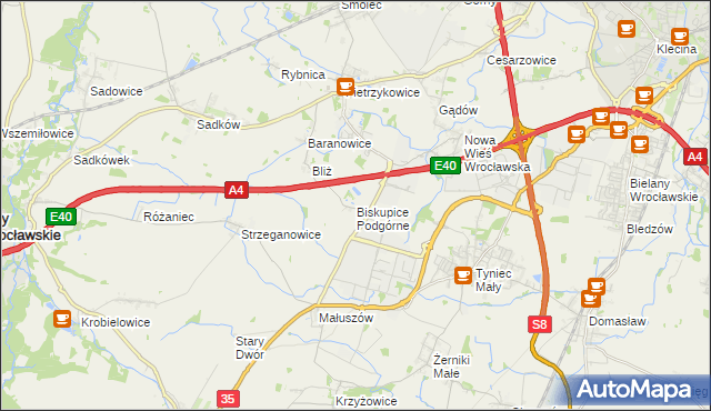 mapa Biskupice Podgórne, Biskupice Podgórne na mapie Targeo