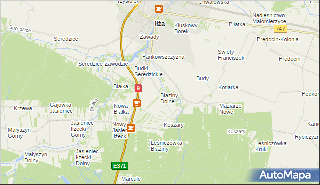 mapa Błaziny Dolne, Błaziny Dolne na mapie Targeo