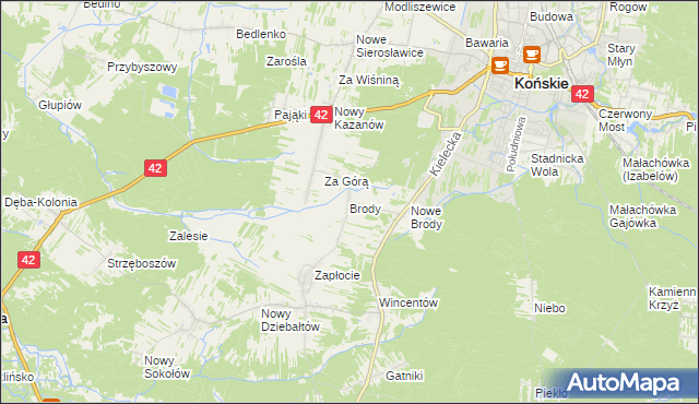 mapa Brody gmina Końskie, Brody gmina Końskie na mapie Targeo