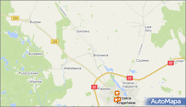 mapa Bronowice gmina Strzelce Krajeńskie, Bronowice gmina Strzelce Krajeńskie na mapie Targeo