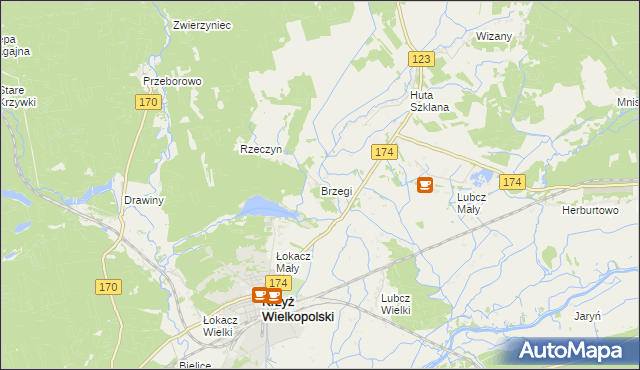 mapa Brzegi gmina Krzyż Wielkopolski, Brzegi gmina Krzyż Wielkopolski na mapie Targeo