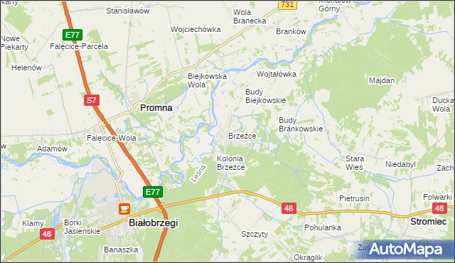 mapa Brzeźce gmina Białobrzegi, Brzeźce gmina Białobrzegi na mapie Targeo