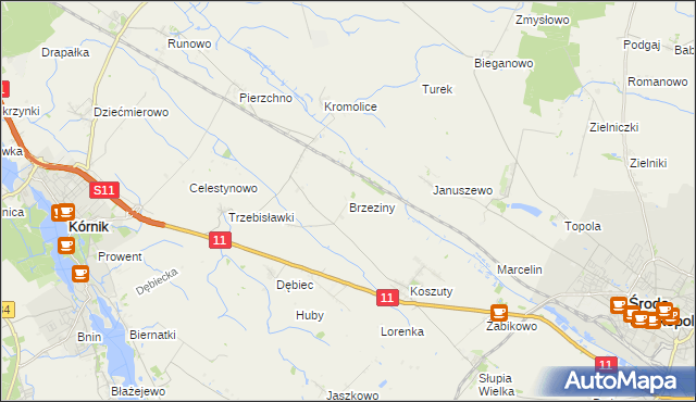 mapa Brzeziny gmina Środa Wielkopolska, Brzeziny gmina Środa Wielkopolska na mapie Targeo