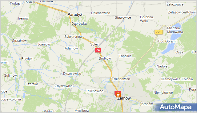 mapa Budków gmina Żarnów, Budków gmina Żarnów na mapie Targeo