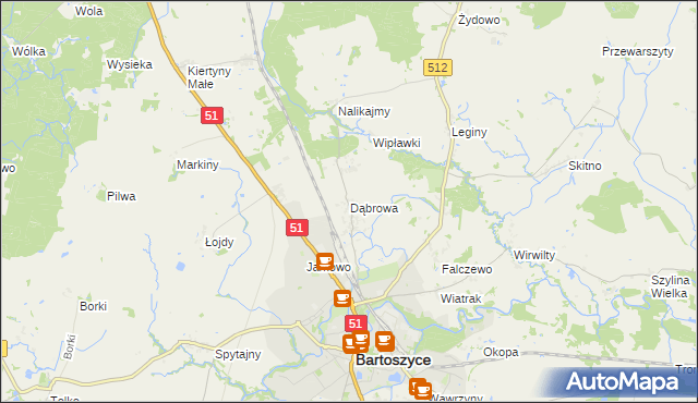 mapa Dąbrowa gmina Bartoszyce, Dąbrowa gmina Bartoszyce na mapie Targeo