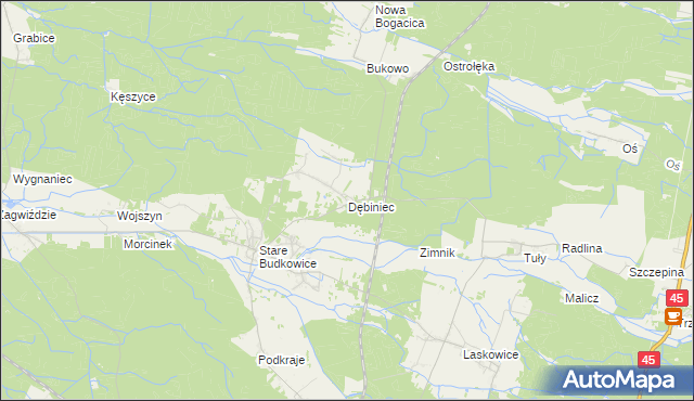 mapa Dębiniec gmina Murów, Dębiniec gmina Murów na mapie Targeo