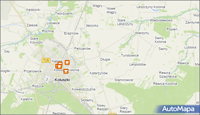 mapa Długie gmina Koluszki, Długie gmina Koluszki na mapie Targeo