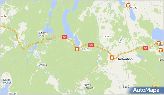 mapa Dłużek gmina Jedwabno, Dłużek gmina Jedwabno na mapie Targeo