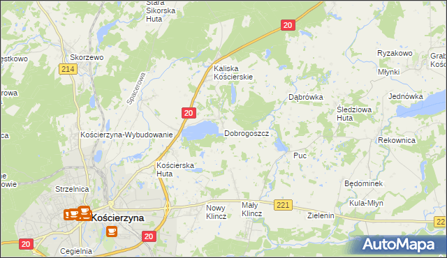 mapa Dobrogoszcz gmina Kościerzyna, Dobrogoszcz gmina Kościerzyna na mapie Targeo