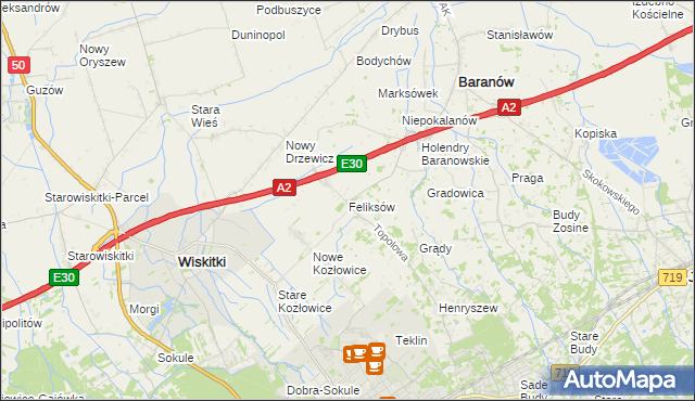 mapa Feliksów gmina Wiskitki, Feliksów gmina Wiskitki na mapie Targeo