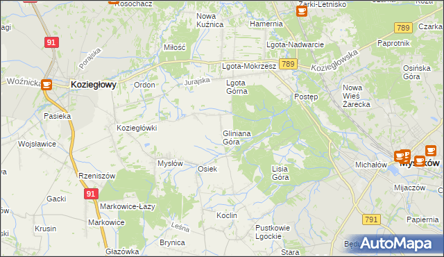 mapa Gliniana Góra gmina Koziegłowy, Gliniana Góra gmina Koziegłowy na mapie Targeo