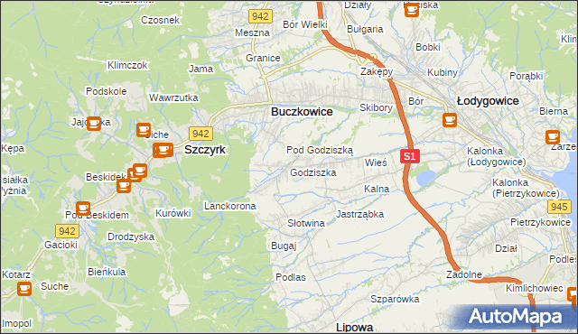 mapa Godziszka gmina Buczkowice, Godziszka gmina Buczkowice na mapie Targeo