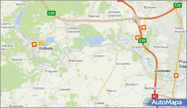 mapa Goszyn gmina Pruszcz Gdański, Goszyn gmina Pruszcz Gdański na mapie Targeo