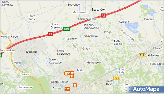 mapa Grądy gmina Jaktorów, Grądy gmina Jaktorów na mapie Targeo