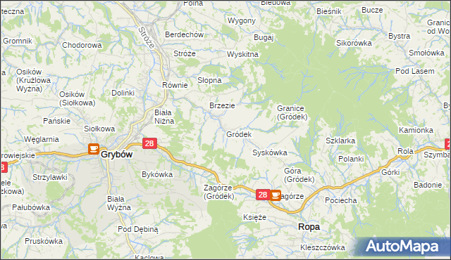 mapa Gródek gmina Grybów, Gródek gmina Grybów na mapie Targeo