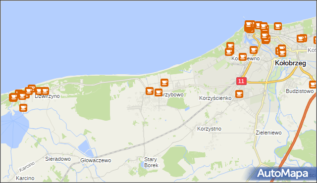 mapa Grzybowo gmina Kołobrzeg, Grzybowo gmina Kołobrzeg na mapie Targeo