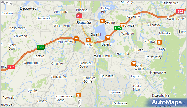 mapa Harbutowice gmina Skoczów, Harbutowice gmina Skoczów na mapie Targeo