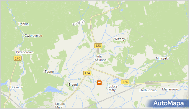 mapa Huta Szklana gmina Krzyż Wielkopolski, Huta Szklana gmina Krzyż Wielkopolski na mapie Targeo