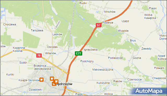 mapa Ignacówka gmina Jędrzejów, Ignacówka gmina Jędrzejów na mapie Targeo