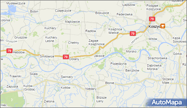 mapa Jaksice gmina Koszyce, Jaksice gmina Koszyce na mapie Targeo