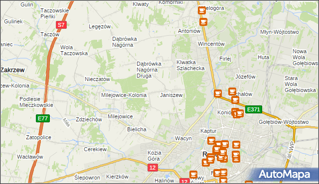 mapa Janiszew gmina Zakrzew, Janiszew gmina Zakrzew na mapie Targeo