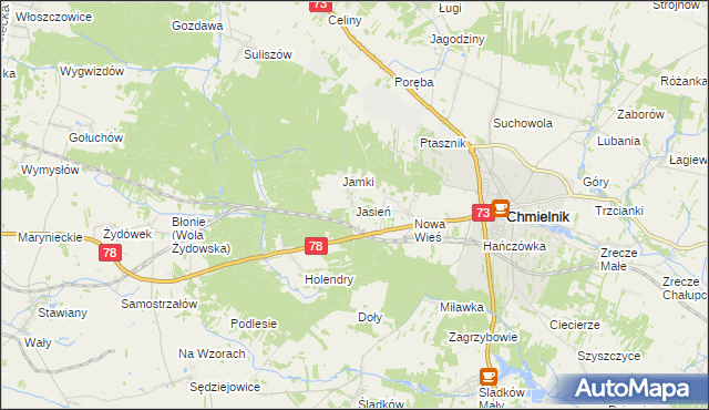 mapa Jasień gmina Chmielnik, Jasień gmina Chmielnik na mapie Targeo