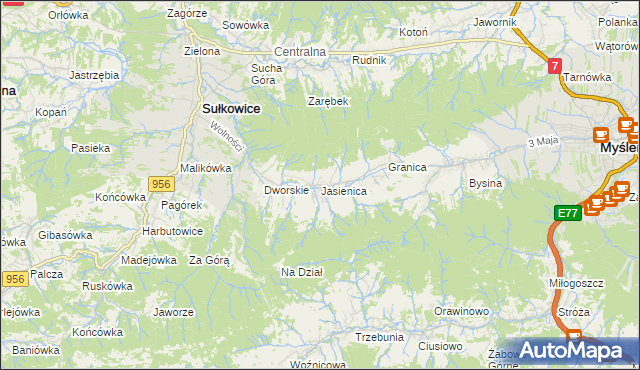 mapa Jasienica gmina Myślenice, Jasienica gmina Myślenice na mapie Targeo