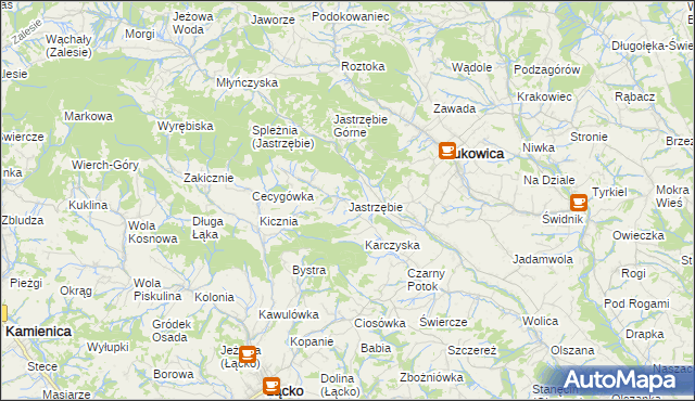 mapa Jastrzębie gmina Łukowica, Jastrzębie gmina Łukowica na mapie Targeo