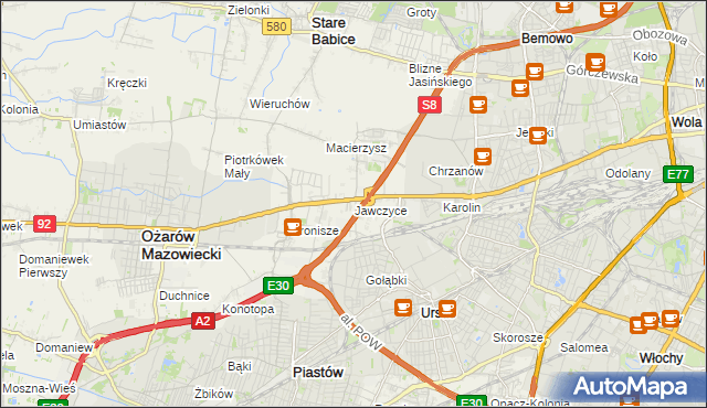 mapa Jawczyce gmina Ożarów Mazowiecki, Jawczyce gmina Ożarów Mazowiecki na mapie Targeo