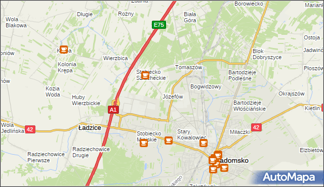 mapa Józefów gmina Ładzice, Józefów gmina Ładzice na mapie Targeo