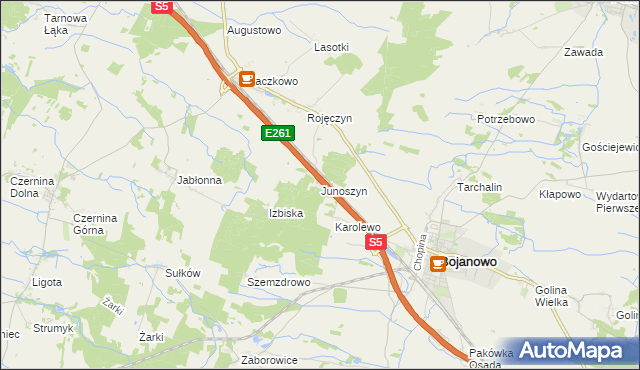 mapa Junoszyn gmina Rydzyna, Junoszyn gmina Rydzyna na mapie Targeo
