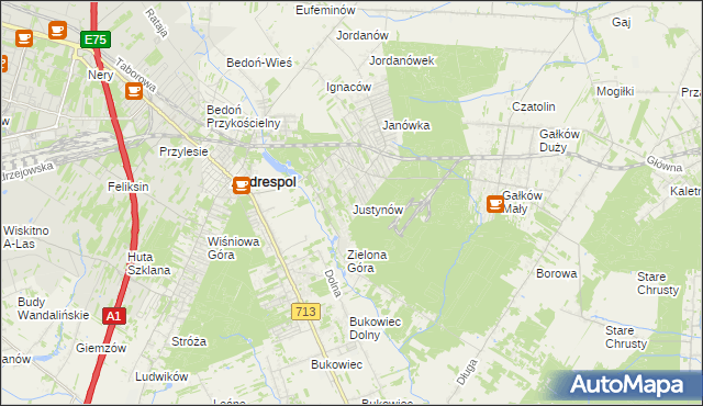 mapa Justynów gmina Andrespol, Justynów gmina Andrespol na mapie Targeo