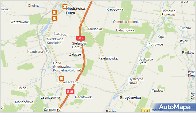 mapa Kajetanówka gmina Strzyżewice, Kajetanówka gmina Strzyżewice na mapie Targeo