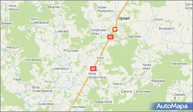 mapa Kicin gmina Ojrzeń, Kicin gmina Ojrzeń na mapie Targeo