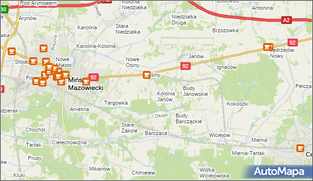 mapa Kolonia Janów gmina Mińsk Mazowiecki, Kolonia Janów gmina Mińsk Mazowiecki na mapie Targeo