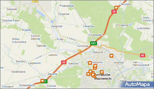 mapa Komorów gmina Tomaszów Mazowiecki, Komorów gmina Tomaszów Mazowiecki na mapie Targeo