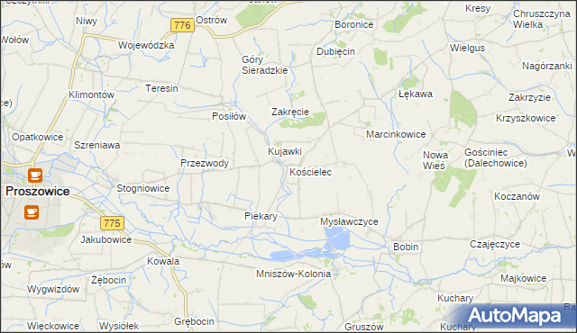 mapa Kościelec gmina Proszowice, Kościelec gmina Proszowice na mapie Targeo