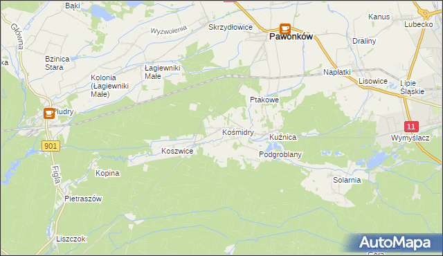 mapa Kośmidry gmina Pawonków, Kośmidry gmina Pawonków na mapie Targeo