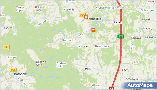 mapa Kowale gmina Konopiska, Kowale gmina Konopiska na mapie Targeo