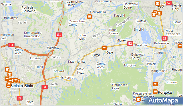 mapa Kozy powiat bielski, Kozy powiat bielski na mapie Targeo