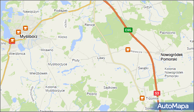 mapa Ławy gmina Myślibórz, Ławy gmina Myślibórz na mapie Targeo