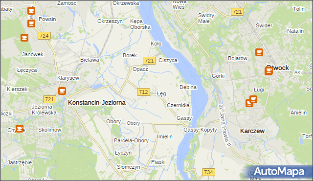 mapa Łęg gmina Konstancin-Jeziorna, Łęg gmina Konstancin-Jeziorna na mapie Targeo