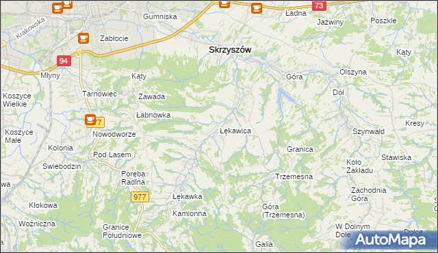 mapa Łękawica gmina Skrzyszów, Łękawica gmina Skrzyszów na mapie Targeo